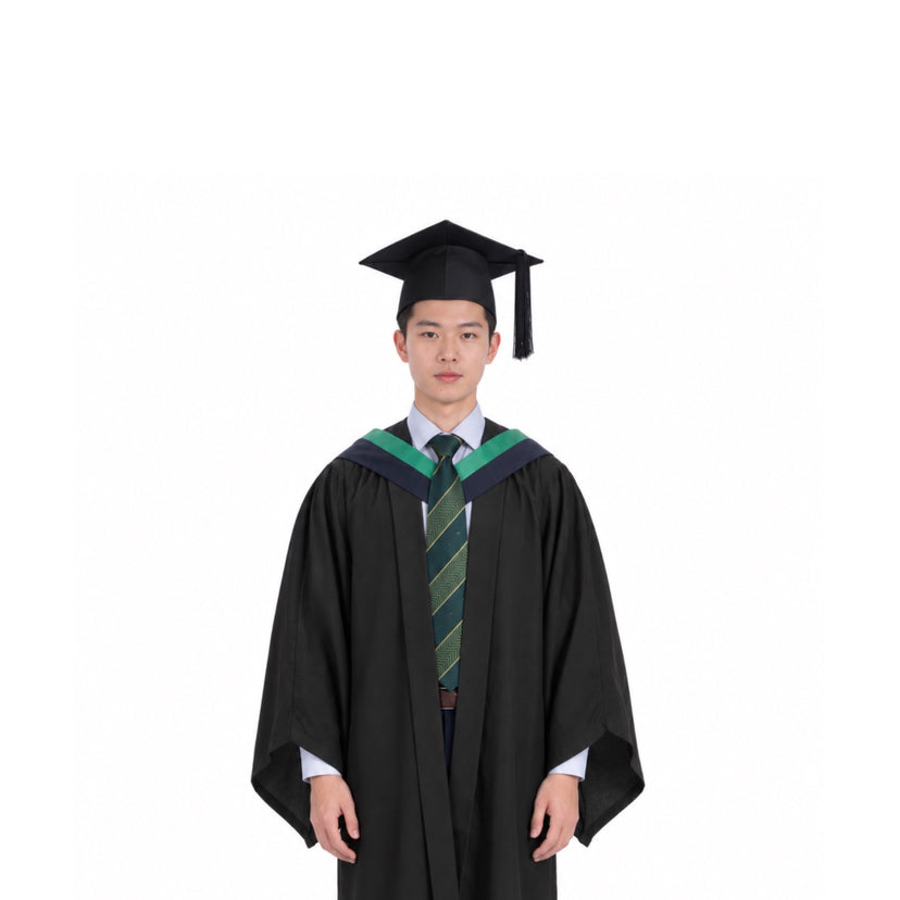 Black Graduation Gown, Green V Trim