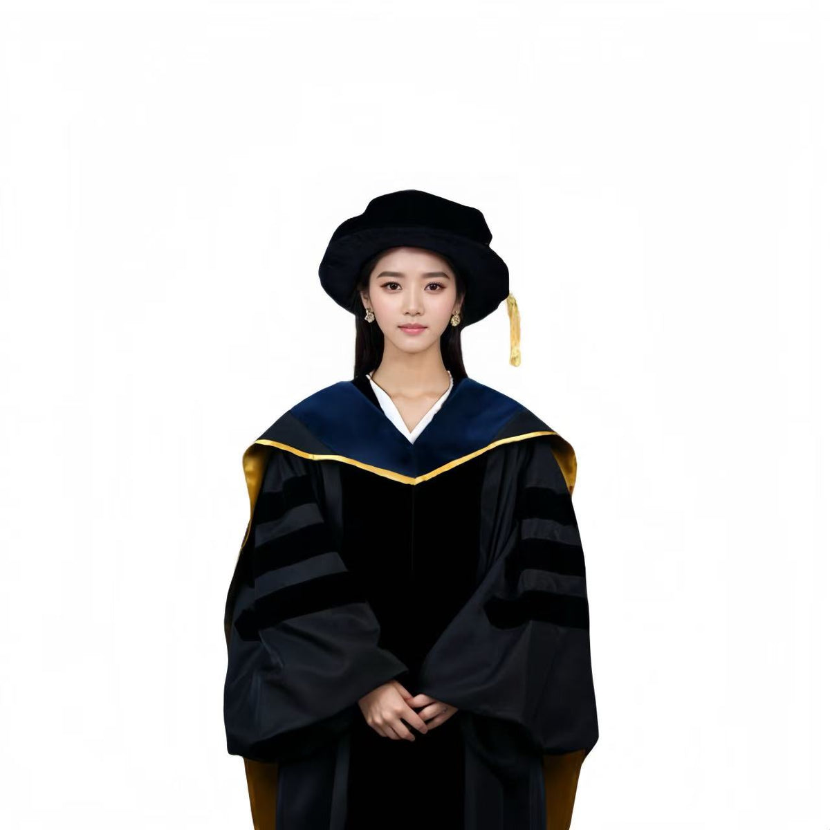 Black Doctoral Gown, Navy Velvet Hood