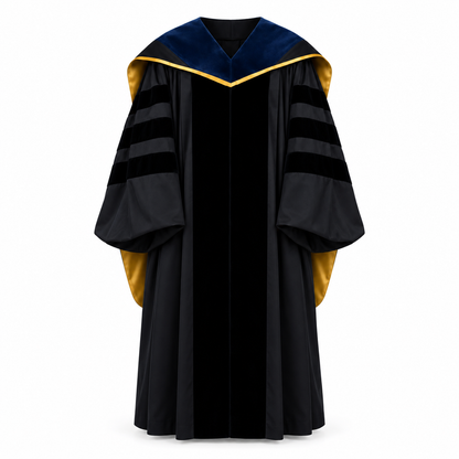Black Doctoral Gown, Navy Velvet Hood