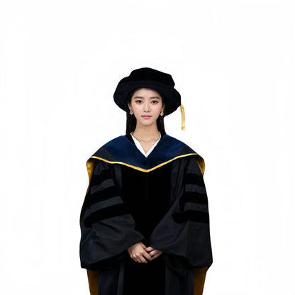 Black Doctoral Gown, Navy Velvet Hood