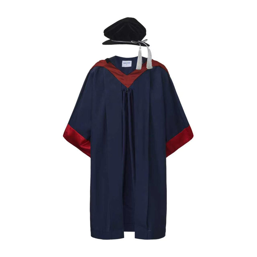 Navy Graduation Gown, Red Hood