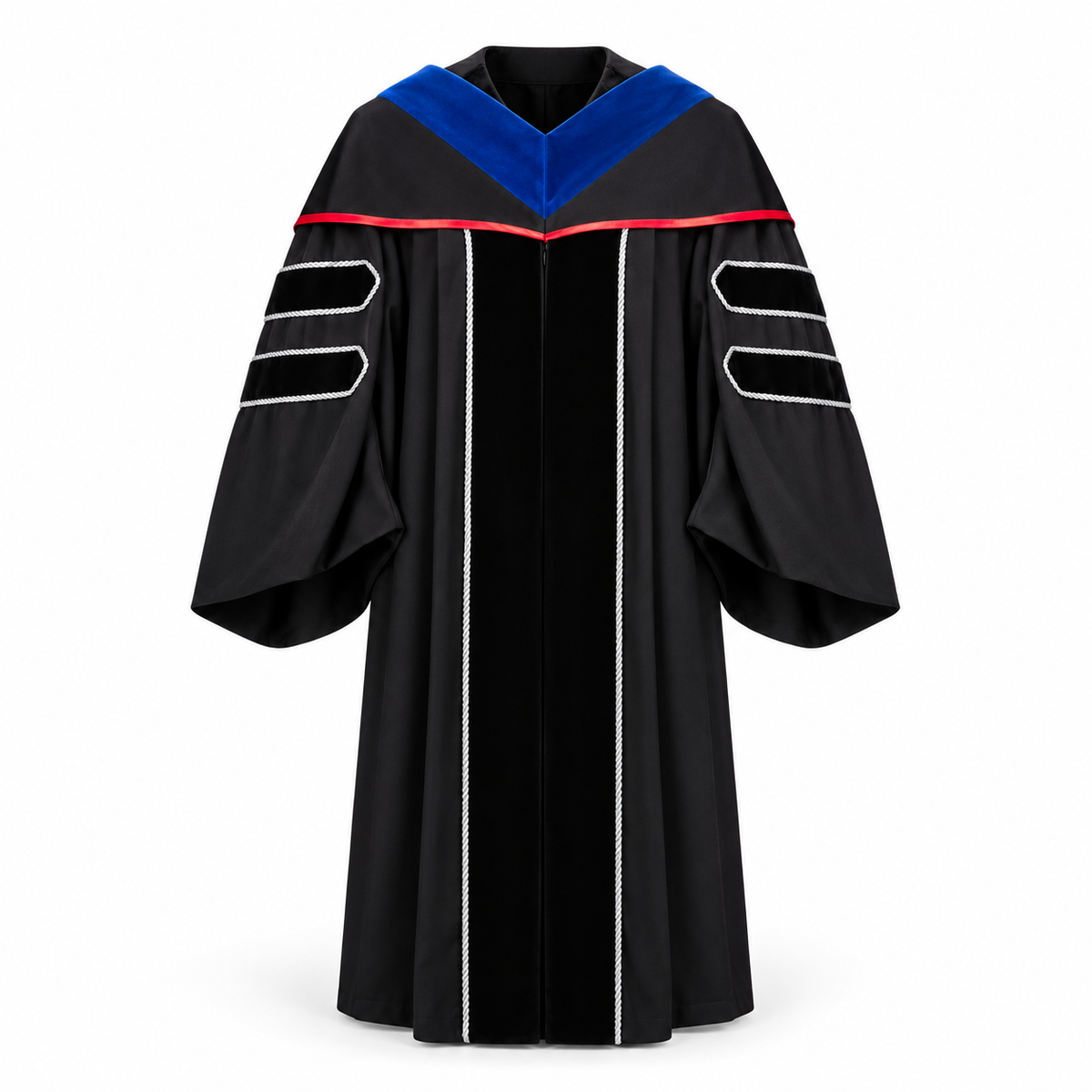 Black Doctoral Gown, Blue Velvet and Red Cord