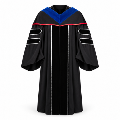 Black Doctoral Gown, Blue Velvet and Red Cord