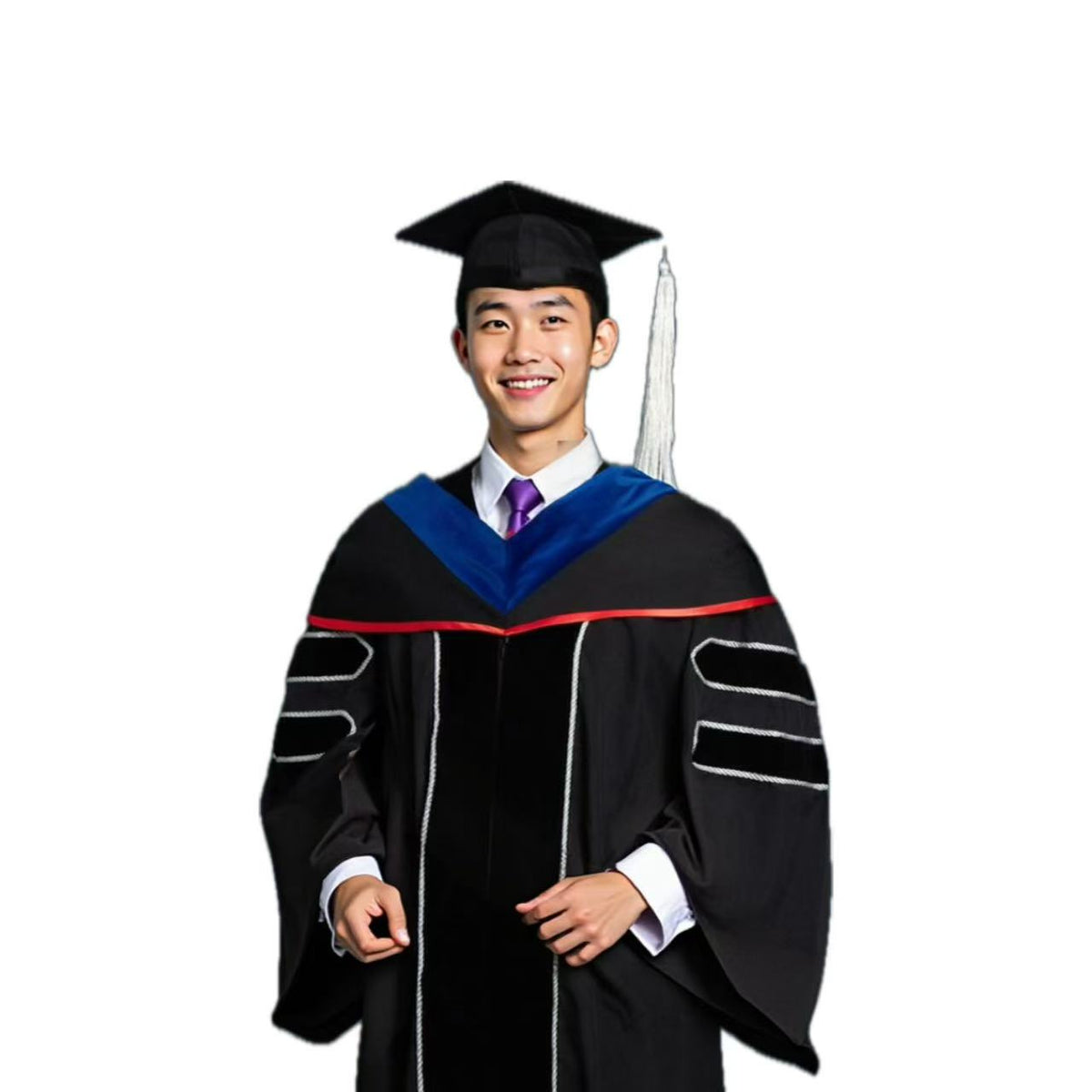 Black Doctoral Gown, Blue Velvet and Red Cord