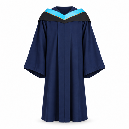 Navy Graduation Gown, Light Blue Hood