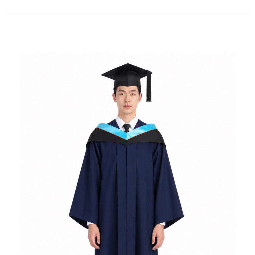 Navy Graduation Gown, Light Blue Hood
