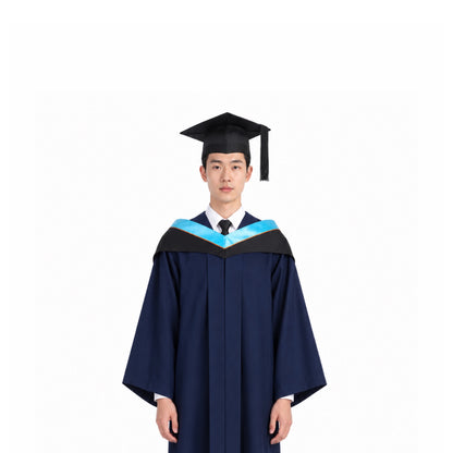 Navy Graduation Gown, Light Blue Hood