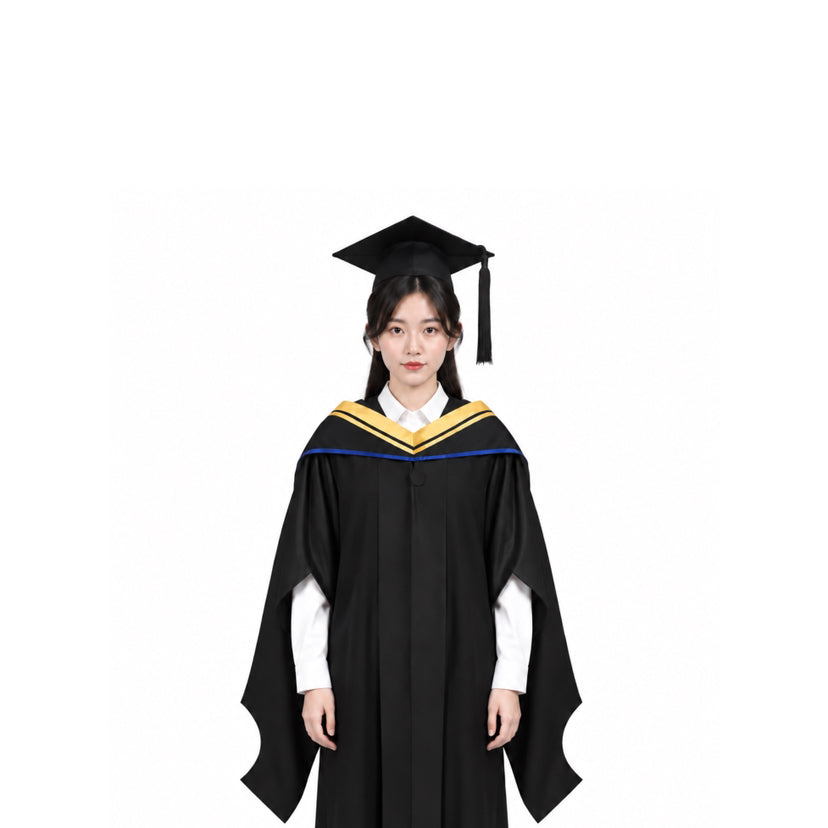 Black Graduation Gown, Gold and Blue V