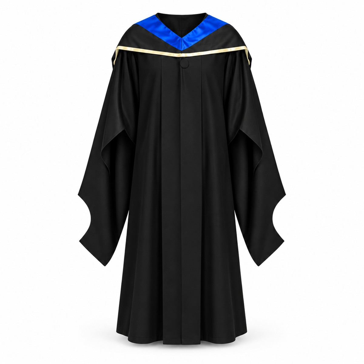 Black Graduation Gown, Royal Blue and Gold