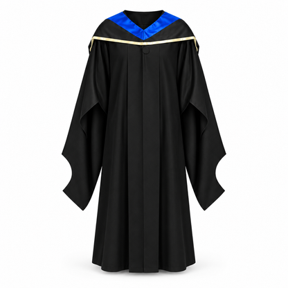 Black Graduation Gown, Royal Blue and Gold
