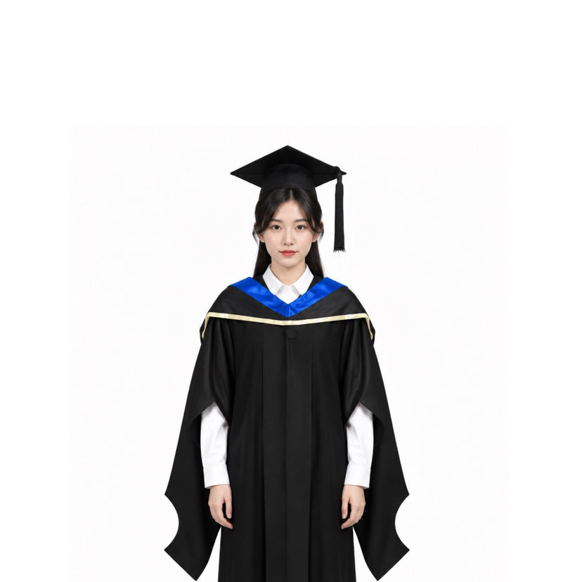 Black Graduation Gown, Royal Blue and Gold