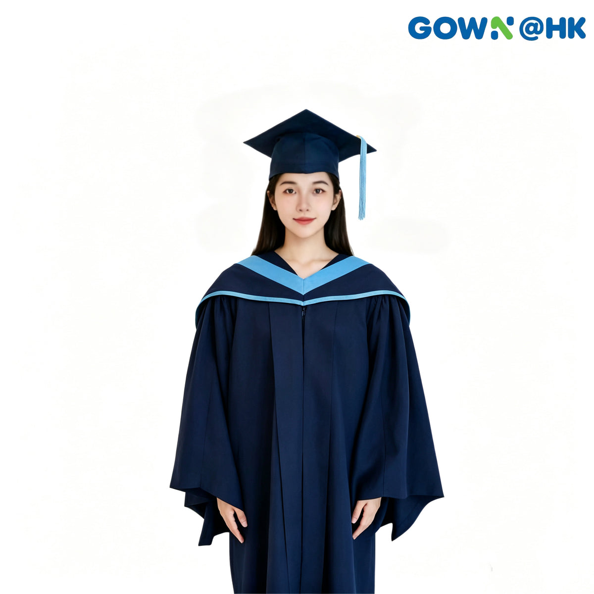 Navy Graduation Gown, Sky Blue Trim